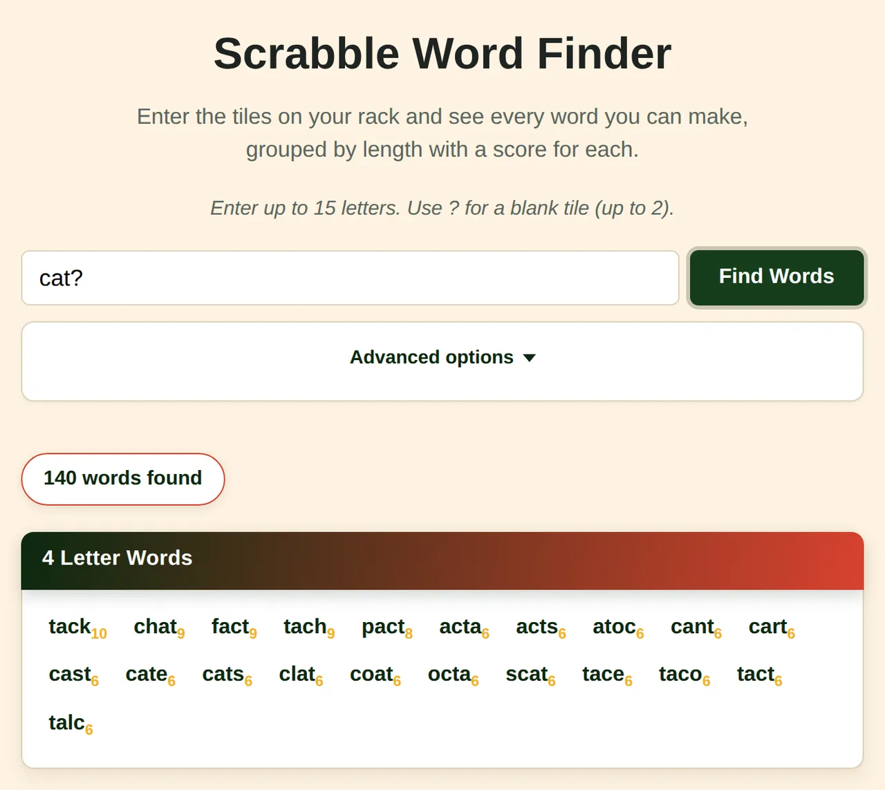 Scrabble word finder results for CAT? using a blank tile, listing 4-letter words such as TACK, CHAT and FACT