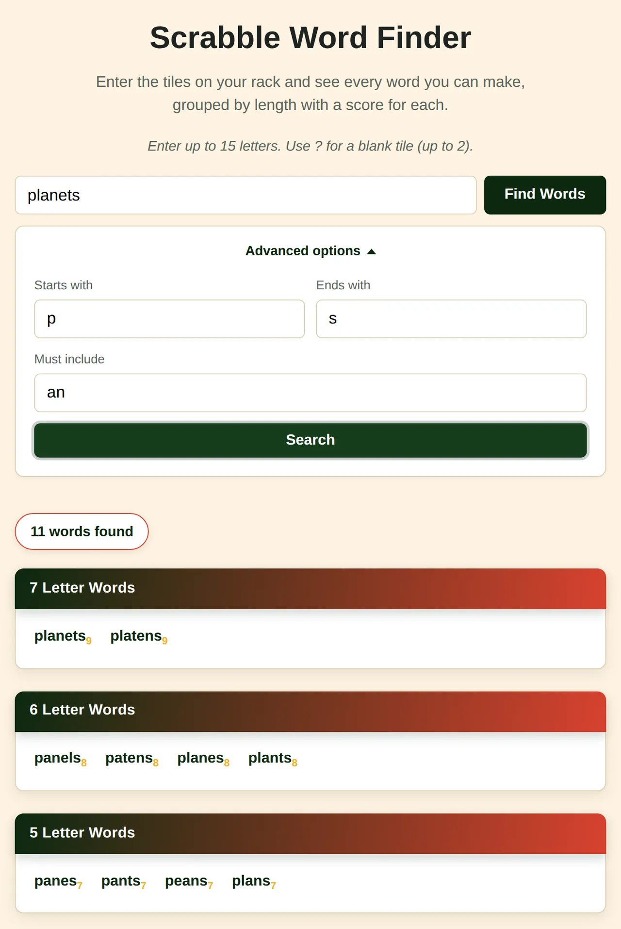 Advanced options open with Starts with P, Ends with S and Must include AN, showing 11 matching words for the rack PLANETS