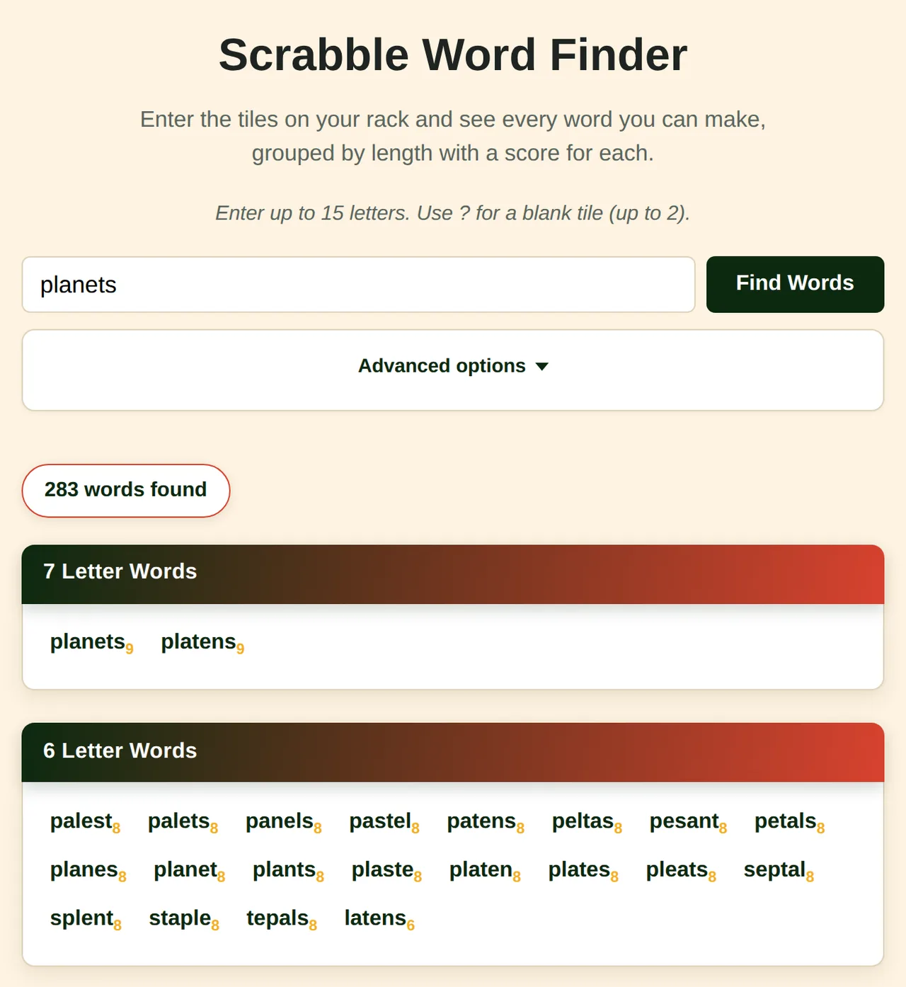 Scrabble word finder results for the letters PLANETS, grouped into 7-letter and 6-letter words with a score beside each word